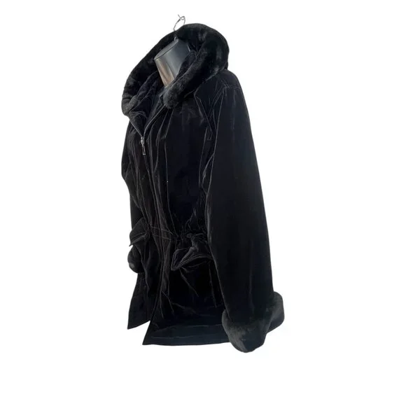 vintage Gallery old money velvet fur trim drawstring waist opera coat sz L black - Picture 5 of 10